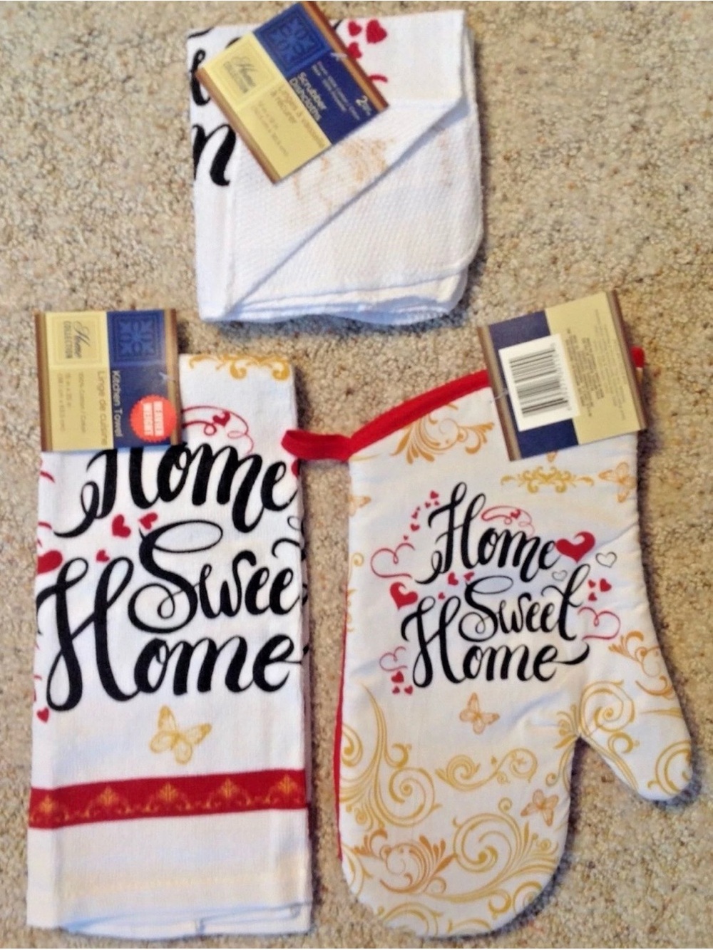 Oven Mitt Towel 2 Dish Cloths Home Sweet Home Kitchen Linen 4 Pc Set